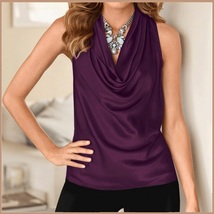 Many Solid Colors Sexy Draped Neck Sleeveless Satin Summer Blouse Top image 6