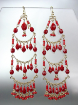 STUNNING Garnet Red Crystal Beads Gold Chandelier Dangle Peruvian Earrings - £17.48 GBP