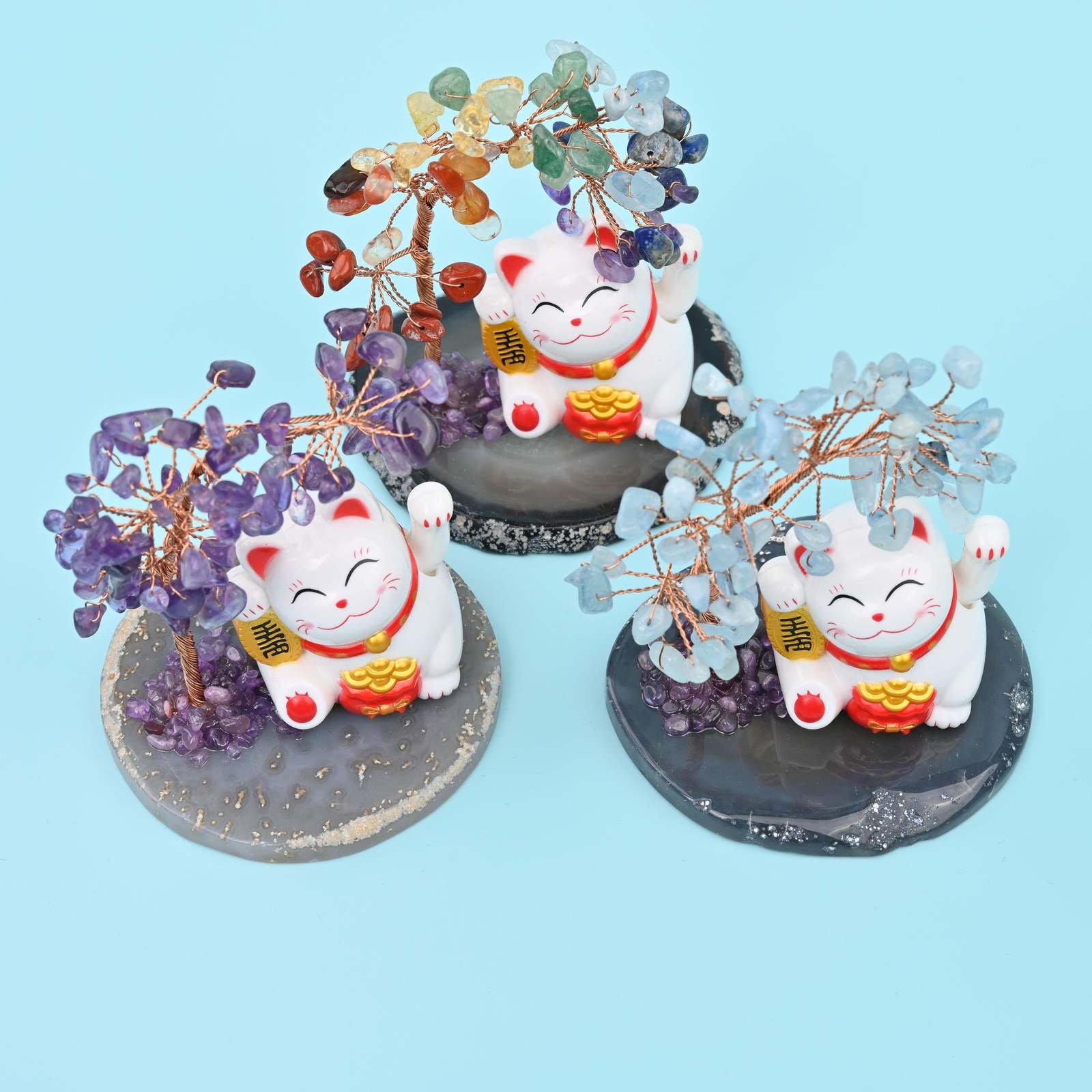 Fortune Cat Gemstone Tree, Lucky Cat Healing Crystal Tree with Agate Base - £18.67 GBP