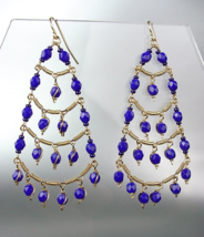GORGEOUS Sapphire Blue Crystal Beads Gold Chandelier Dangle Peruvian Earrings - $21.99