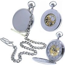 Mechanical Pocket Watch Skeleton Silver Heavy Solid Brass Polish 2 Inch Big Case - $27.99