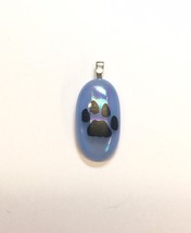 Paw Print on Rainbow Dichroic and Light Blue Fused Glass Pendant with Necklace - £14.38 GBP