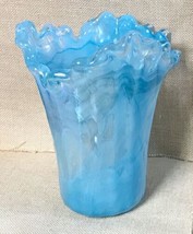 Iridescent Blue Ripple Swirl Art Glass Vase Scalloped Asymmetrical Rim - £54.31 GBP