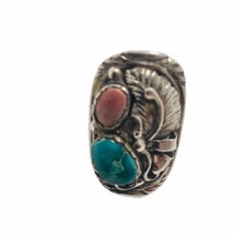 Vtg Handmade Southwestern Sterling Silver Turquoise Coral Ring 12 Grams Sz 9.25 - £167.11 GBP