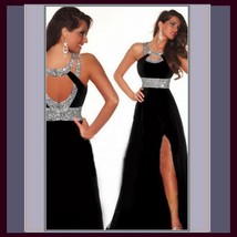 Black Sequined Strap and Sequined Empire Waist Fully Lined w/ Leg Split 