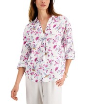 MSRP $70 Charter Club Printed Roll-Tab-Sleeve Linen Top White Size Large - $23.51