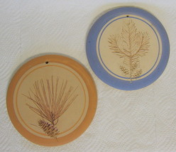 Small Earthenware Pine Wall Disks Round 2 Piece Set Blue Rim and Tan Rim - £19.65 GBP