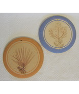 Small Earthenware Pine Wall Disks Round 2 Piece Set Blue Rim and Tan Rim - £19.90 GBP
