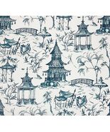 BALLARD  DESIGNS LUCY BLUE WHITE CHINOISERIE ASIAN TEMPLE FABRIC BY YARD... - $16.82