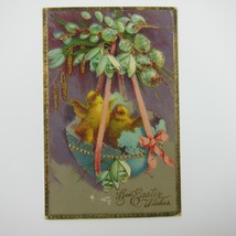 Easter Postcard Yellow Chicks Hatch From Blue Egg Gold Embossed Germany Antique - £11.57 GBP