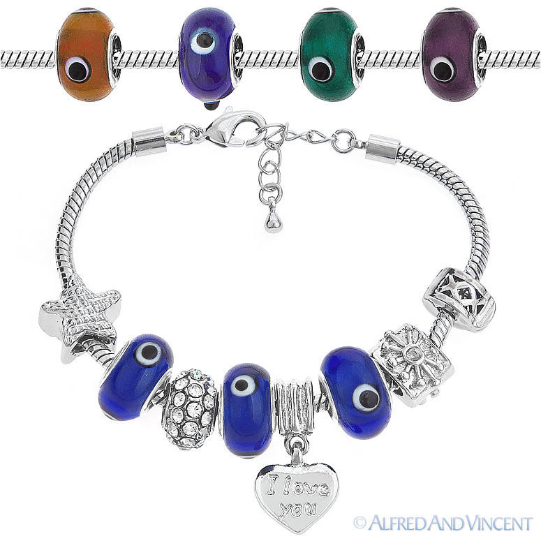 Primary image for Evil Eye Turkish Nazar Greek Bead European Charm Beaded Bracelet - Clear Colors