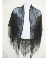 vintage black lace fringed shawl/wrap/mantilla floral pattern exquisite  - £17.16 GBP