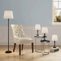 Charlestown 4 pc Lamp Set, Satin black finish w/ White linen Shades NEW Elegant! - £37.94 GBP