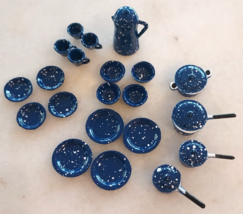 Dollhouse Miniature Blue Enamel Metal Dish Set Coffee Pot Plates 1:12 Camping - $19.79