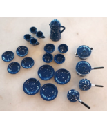 Dollhouse Miniature Blue Enamel Metal Dish Set Coffee Pot Plates 1:12 Ca... - $376.14 MXN