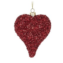 Drop Heart Ornaments Set of 2 Glass with Red Pink Glitter and Sequins 4" High image 2