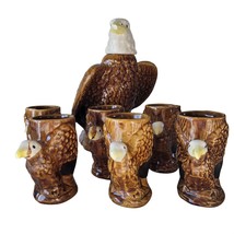 Bald Eagle on Rattle Snake Liquor Decanter and 6 Cups Vintage FLAWS Ceramic - £100.17 GBP