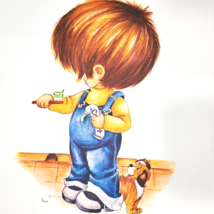 1970s Little Boy Wall Art Print Child Brush Teeth Puppy Dog 11 x 14 Lith... - £3.37 GBP