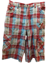 Red Ape long plaid cargo shorts sz 34 urban wear red blue white tan - £8.55 GBP