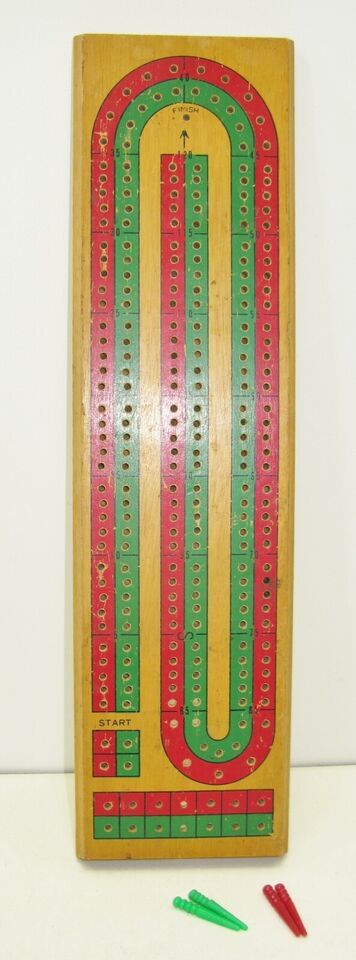 Vintage Wooden Cribbage Board Red Green Tracks Original Pegs - $5.86