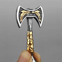 Viking Odin Raven Double Axe Necklace Mixed Gold Color Stainless Steel P... - $12.85