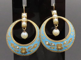 14K GOLD - Vintage Antique Enamel &amp; Pearls Victorian Hook On Earrings - GE220 - £870.32 GBP