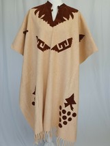 Vintage Handmade Wool Velour Aztec Poncho Large Beige Brown EUC F5 - $68.31
