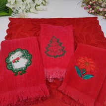 VTG Christmas 3 Fingertip Towels Embroidered Cannon Red 11&quot;x18&quot; - $9.98