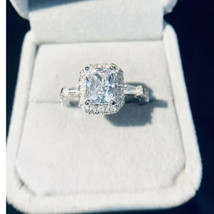 14K White Gold Plated Moissanite Halo Engagement Ring 3.50 Ct Radiant Cut D/VVS1 - £177.87 GBP