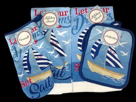 Sailboats Dish Towels Oven Mitt Pot Holder Set of 4 Let Your Dreams Set ... - £19.48 GBP