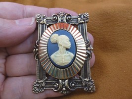 CA10-32) Rare African American Lady Blue + Ivory Cameo Brass Pin Pendant Jewelry - £23.15 GBP