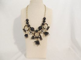 INC Gold-Tone Black Stone Crystal,Bead, Mesh Fabric Statement Necklace S307 - £13.03 GBP