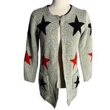 Open Front Marled Knit Cardigan Sweater S Black White Stars Pockets Long... - $25.87