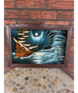 Vintage Wall Art Oil Painting on Black Velvet Ship Moon Night Sky Frame ... - $190.00