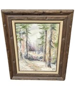 Vintage Woods Painting Forest Fence Broken C.B. with Frame Antique - $138.60