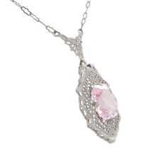 Art Deco 10k White Gold Filigree Pendant Necklace with Pink Stone (#J7357) - $336.60