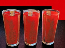 Culver Red Gold Siam Thai Goddess Drinking Glasses 1960 MCM Set Of 3 Red... - $34.20
