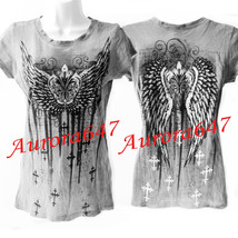 Tattoo Fluer De Lis Wings Studded Heavy Metal Cross Rhinestone T Shirt T... - £55.63 GBP