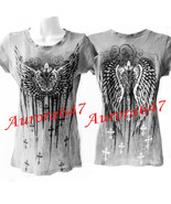 Tattoo Fluer De Lis Wings Studded Heavy Metal Cross Rhinestone T Shirt T... - £55.35 GBP