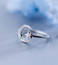 Genuine 925 Sterling Silver Zircon Moon &amp; Star Adjustable Ring (Size 7-9) - £15.84 GBP