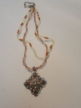 Vintage 1928 Cross Pendant Necklace Orange Beads Silver Tone - £24.76 GBP