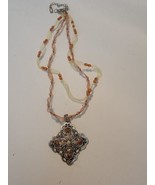 Vintage 1928 Cross Pendant Necklace Orange Beads Silver Tone - £24.62 GBP