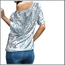 Silver Sparkling Sequined Shimmer Short Sleeve Off Shoulder Tank Tee Shirt Top image 2