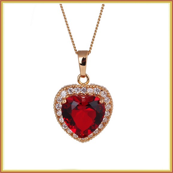 Ruby Red Crystal Heart Pendant & Clear Cubic Zircon 18K Yellow Gold Fill Mount  - $49.95