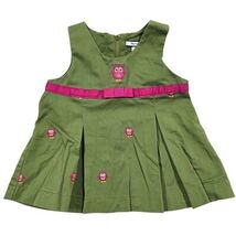 Hartstrings Baby Girl Green Owl Embroidered Pleated Dress Pink Ribbon Bo... - $14.85