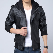 Men&#39;s fashion fabric hooded leather jacket, Mens black leather jacket with rib 2 - £114.95 GBP