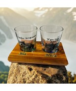 Vtg Lake Placid NY His Hers Wood Base Glass Funny Souvenir Shot Glasses - €20,19 EUR