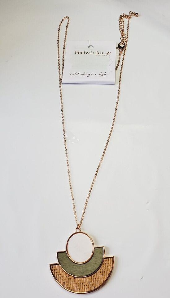 Periwinkle by Barlow Necklace Gold Tone W Pendant White Green &amp; Tan New - $13.49