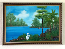 Signed Framed Tropical Water Scene Original Oil Painting on Canvas 40 x 28&quot; - £119.03 GBP