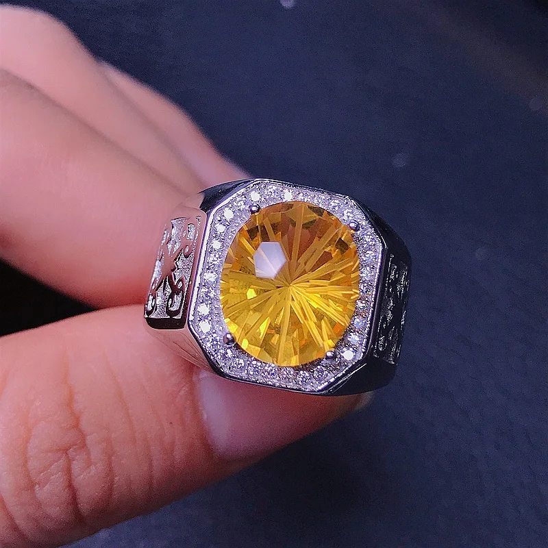New Trendy s925 Silver Inlaid Firework Natural Citrine Men&#39;s Ring Personalized C - £60.52 GBP